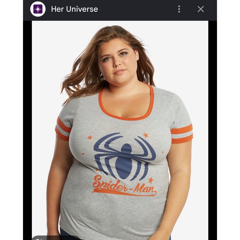 Marvel Her Universe Spider-Man Graphic Tee Gray Orange Striped Sleeve Shirt PS